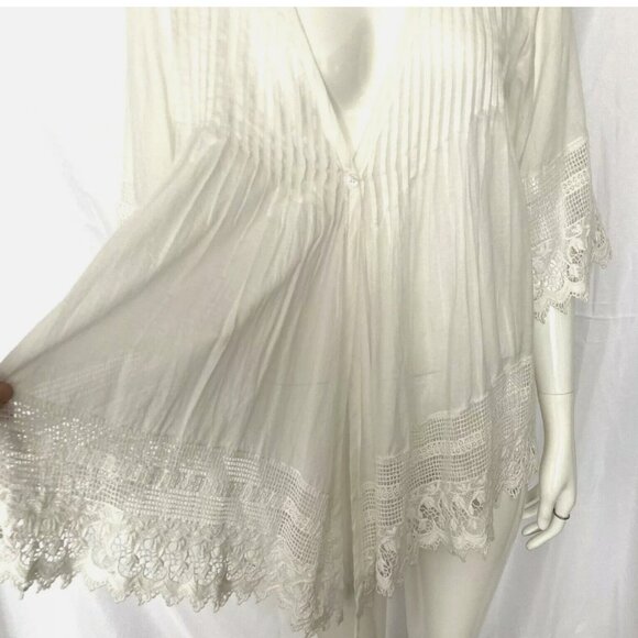V Christina Sheer White Pleated Crochet Top Blouse Tunic Beach Cover Up Small - Picture 3 of 7